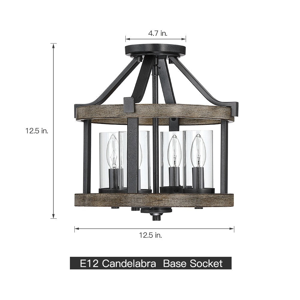 Plafonnier semi-encastré de style campagnard moderne à 4 lumières, 12,5 po, en fer naturel et imitation bois vieilli - 12,5 W