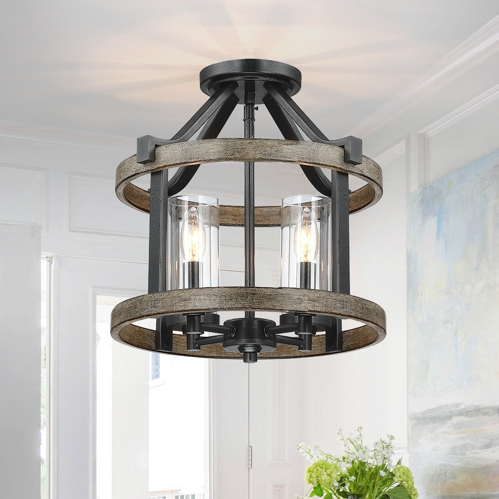 Plafonnier semi-encastré de style campagnard moderne à 4 lumières, 12,5 po, en fer naturel et imitation bois vieilli - 12,5 W