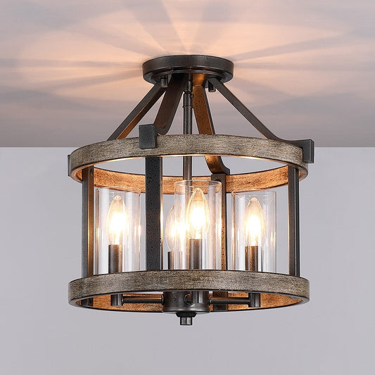 Plafonnier semi-encastré de style campagnard moderne à 4 lumières, 12,5 po, en fer naturel et imitation bois vieilli - 12,5 W