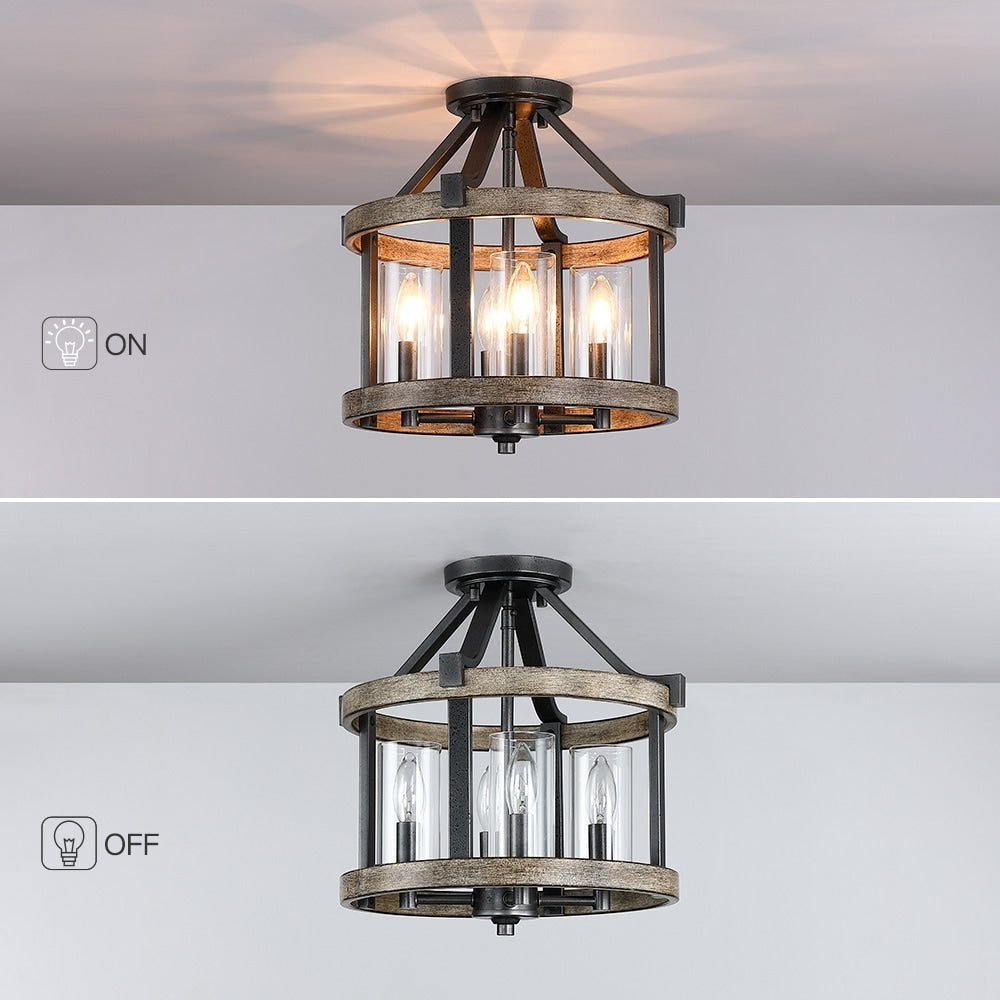 Plafonnier semi-encastré de style campagnard moderne à 4 lumières, 12,5 po, en fer naturel et imitation bois vieilli - 12,5 W