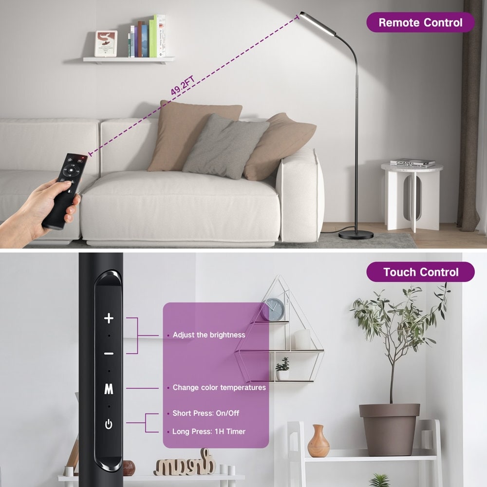 Lampadaire de travail/lecture à LED 12 W à intensité variable avec télécommande et commande tactile - N/A