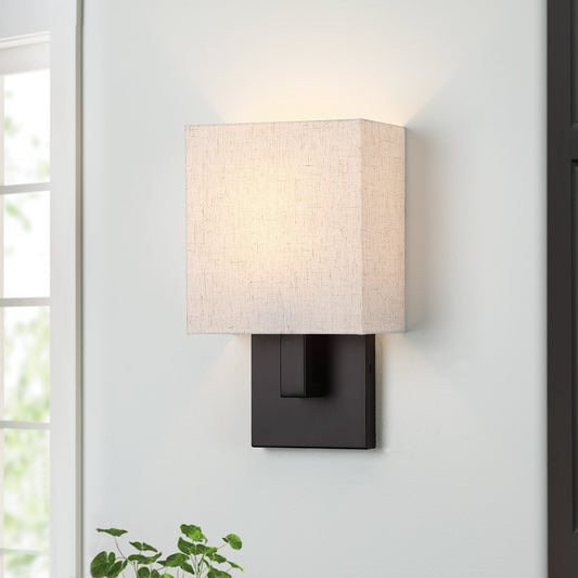Applique murale bronze foncé de 30 cm de hauteur avec abat-jour en tissu avoine