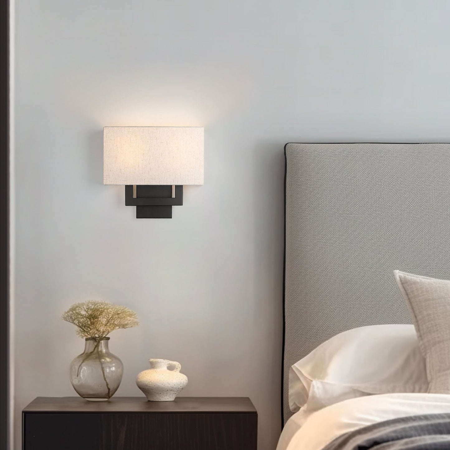 Applique murale bronze foncé de 30 cm de hauteur avec abat-jour en tissu avoine