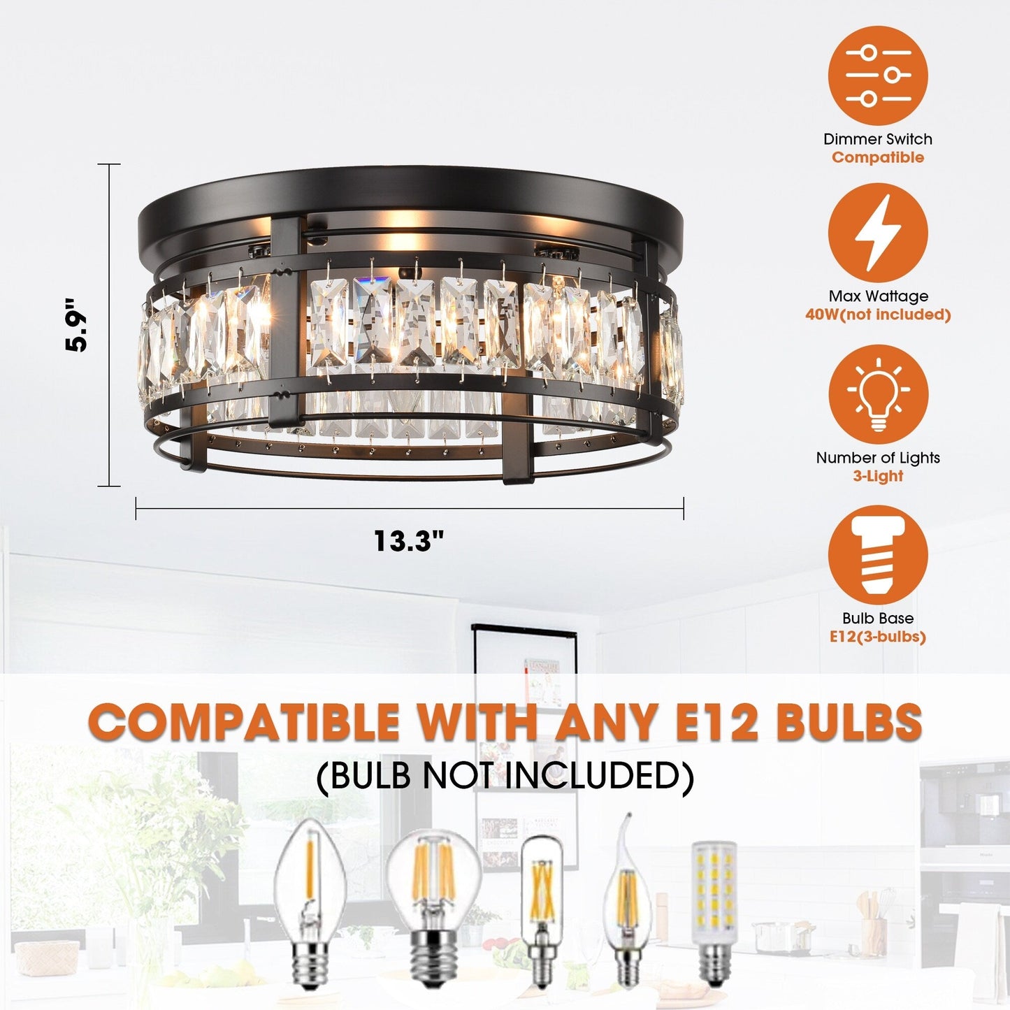 Lustre encastré moderne en cristal noir à 3 lumières pour couloir