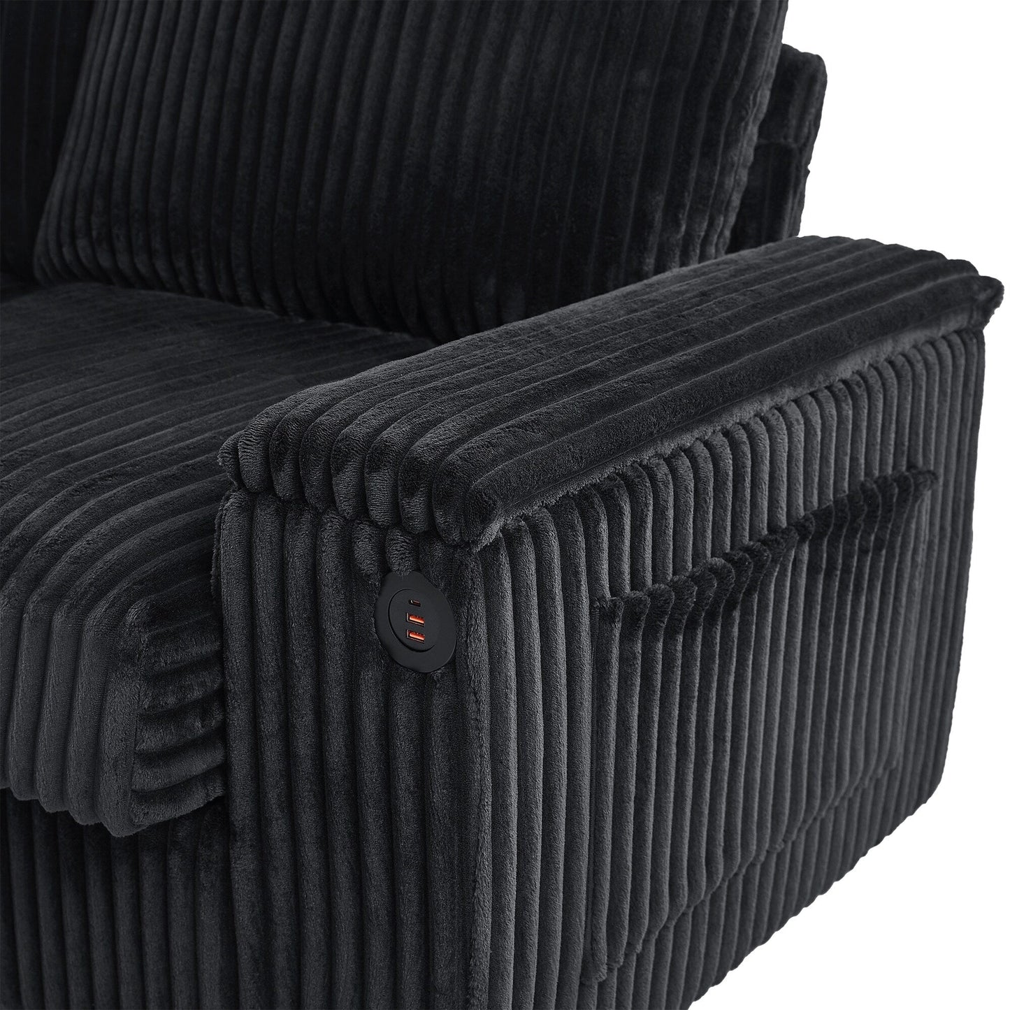 Canapé 4 places en velours côtelé avec ports USB, porte-gobelets rabattables et rangement dissimulé
