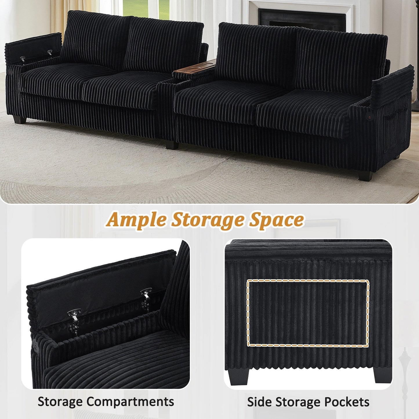 Canapé 4 places en velours côtelé avec ports USB, porte-gobelets rabattables et rangement dissimulé