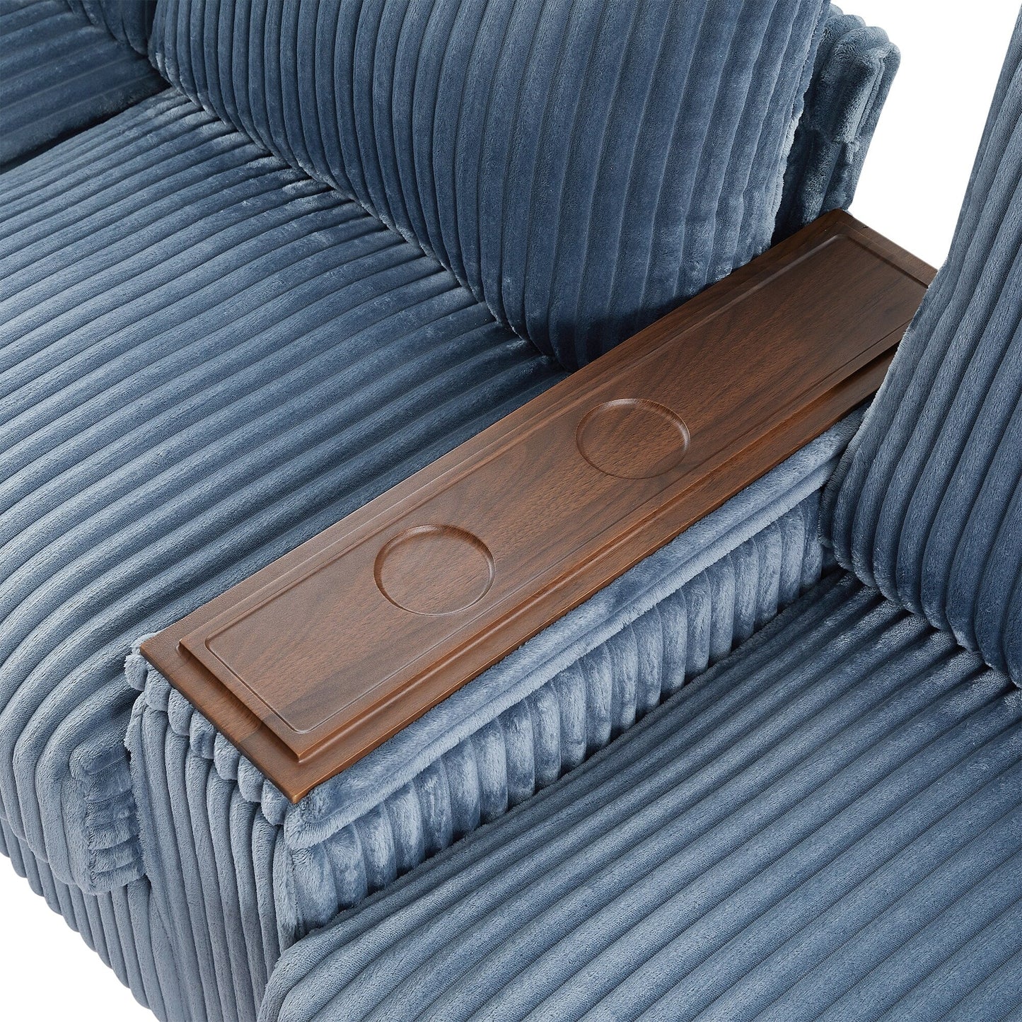 Canapé 4 places en velours côtelé avec ports USB, porte-gobelets rabattables et rangement dissimulé