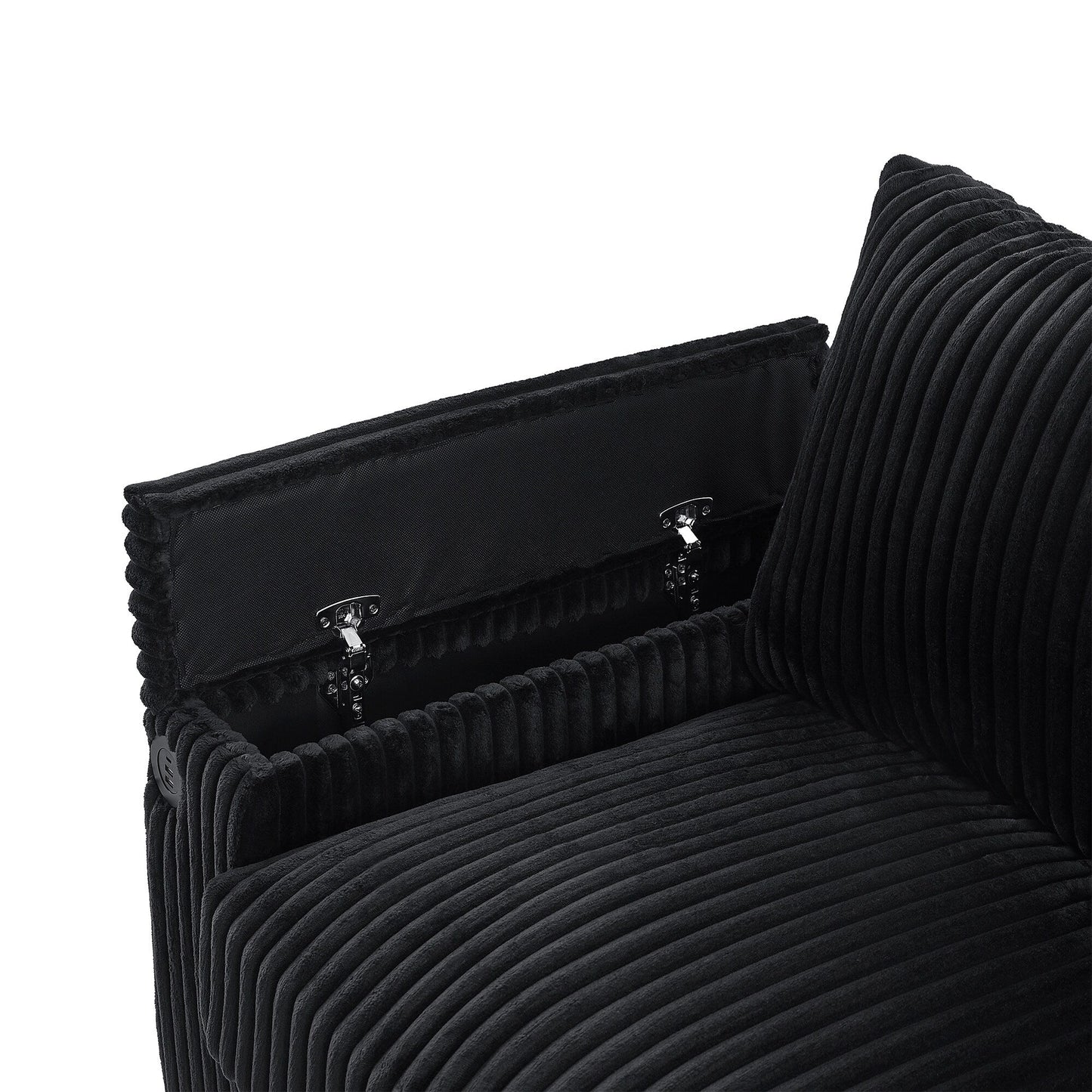 Canapé 4 places en velours côtelé avec ports USB, porte-gobelets rabattables et rangement dissimulé