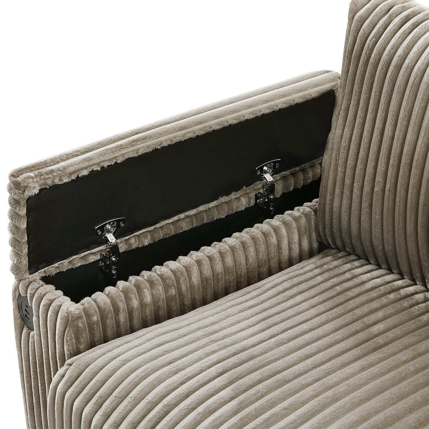 Canapé 4 places en velours côtelé avec ports USB, porte-gobelets rabattables et rangement dissimulé