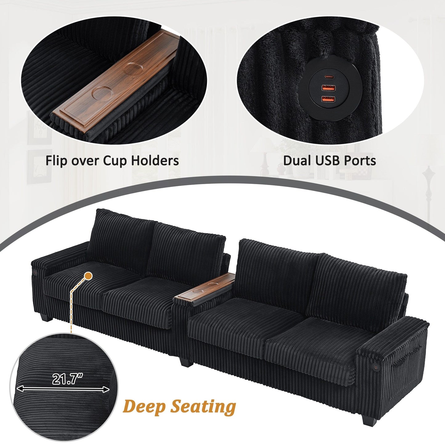 Canapé 4 places en velours côtelé avec ports USB, porte-gobelets rabattables et rangement dissimulé