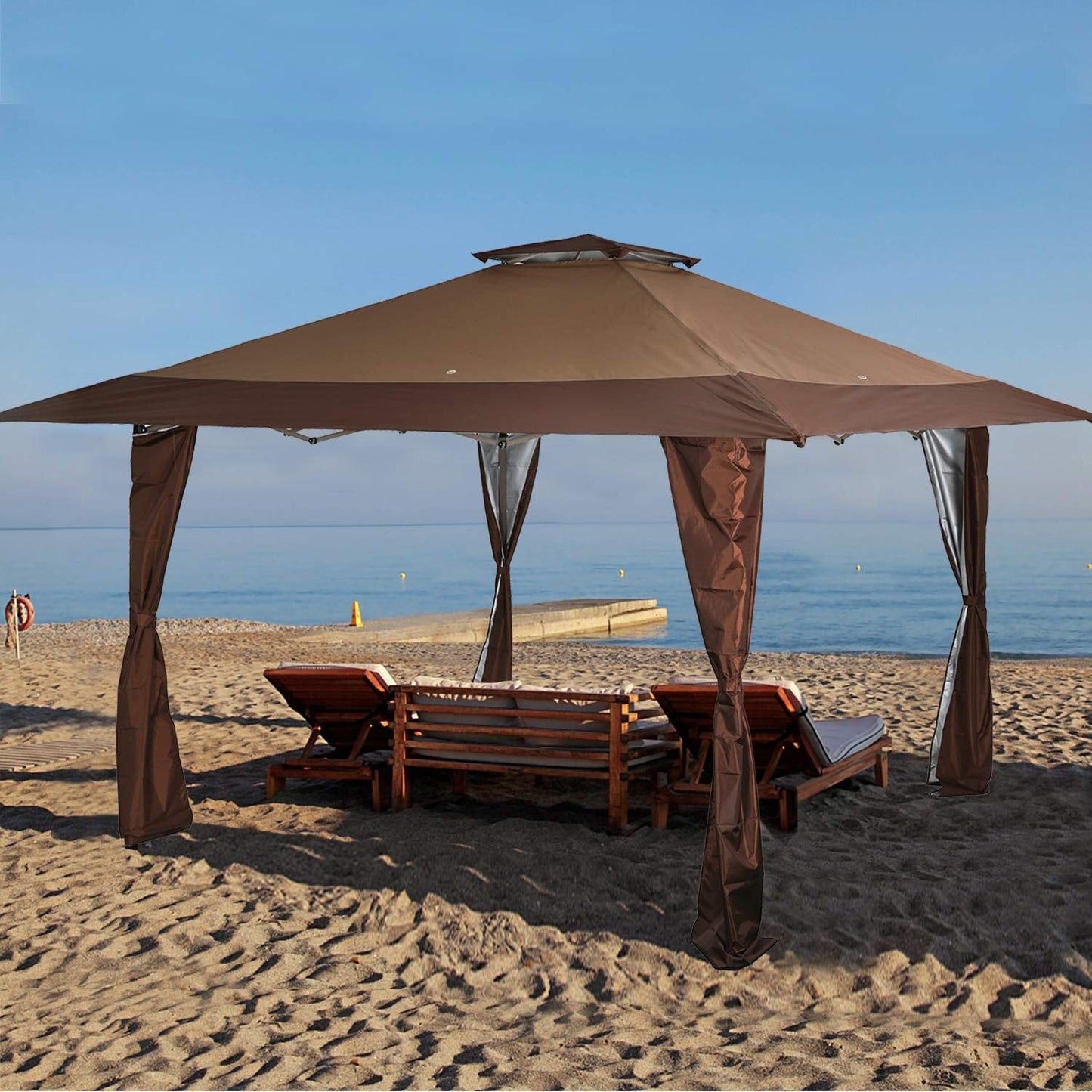 Gazebo de jardin renforcé escamotable avec rideau d'angle élégant - 13 x 13 pi