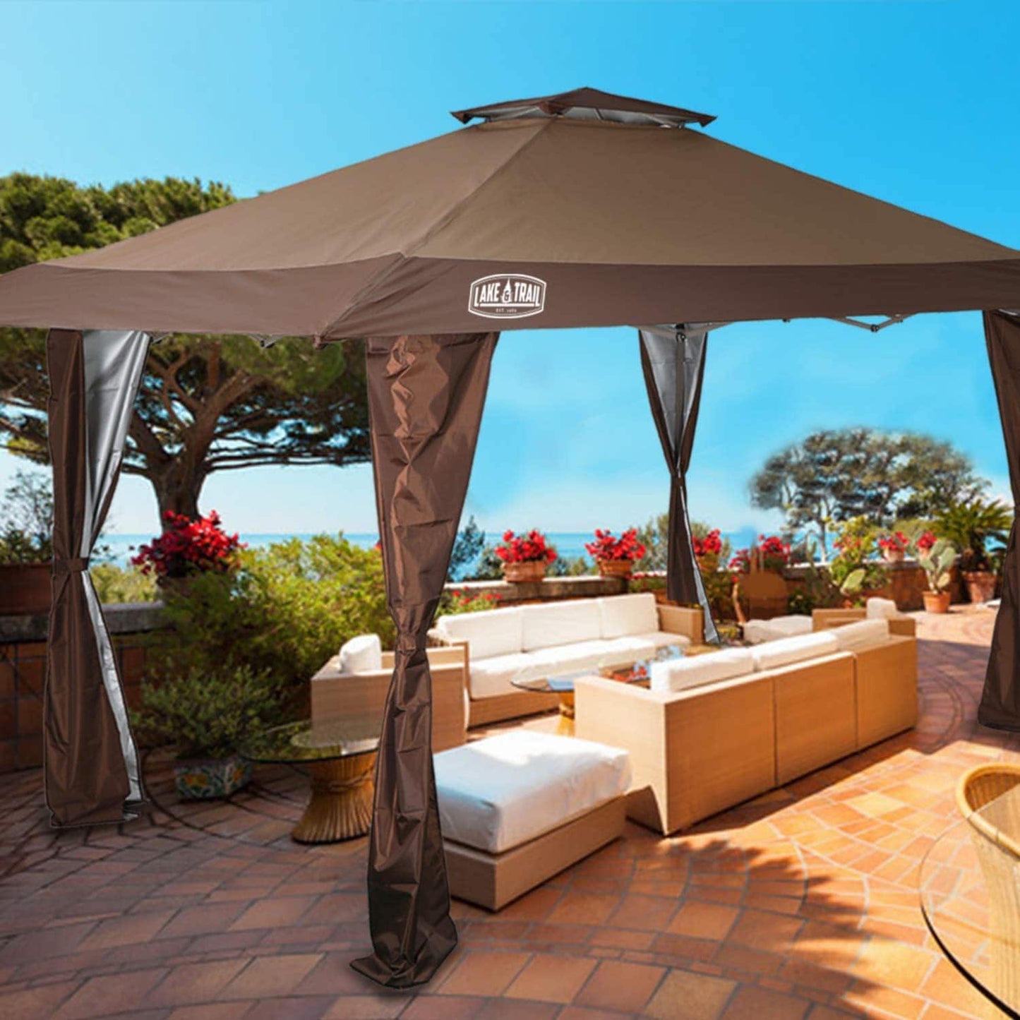 Gazebo de jardin renforcé escamotable avec rideau d'angle élégant - 13 x 13 pi