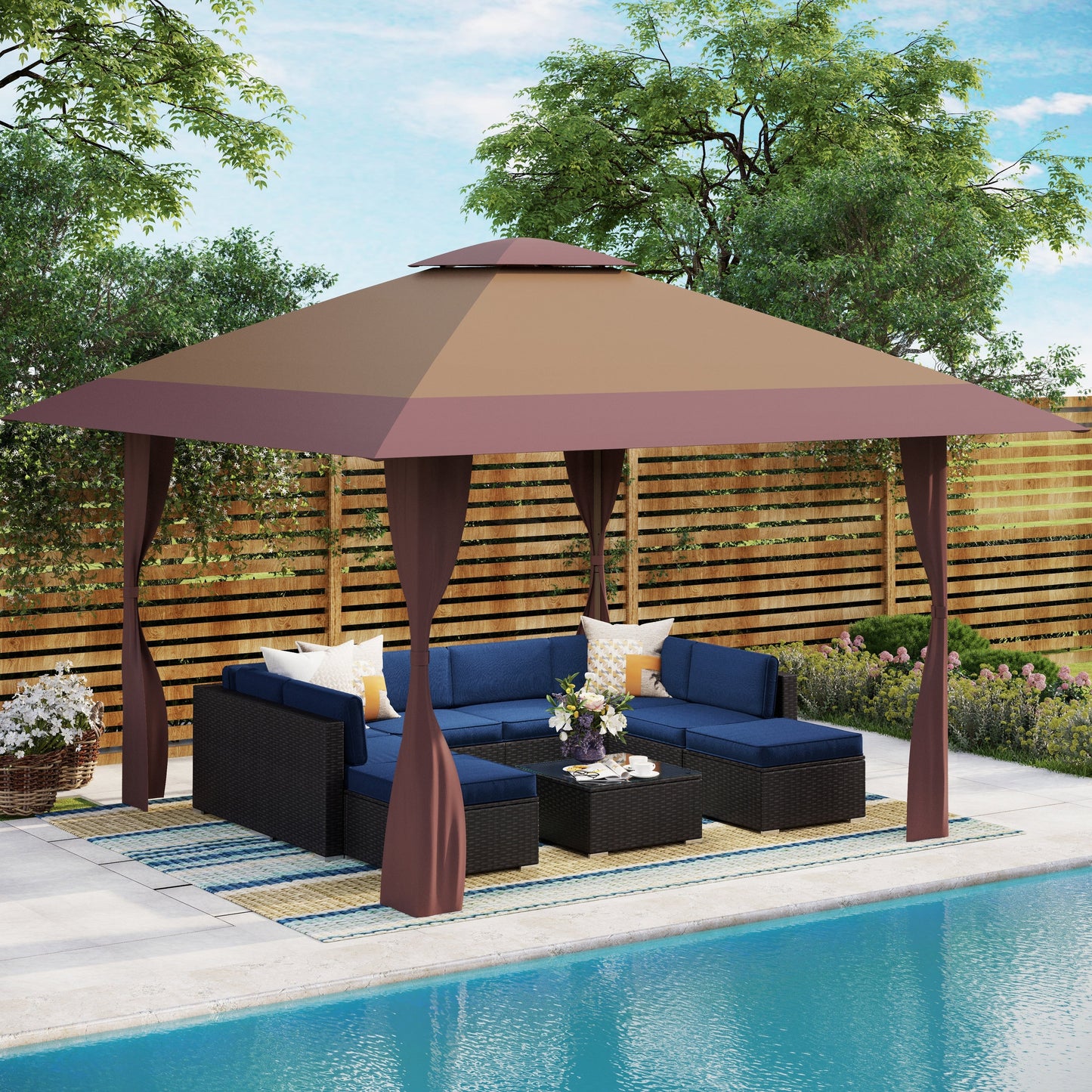 Gazebo de jardin renforcé escamotable avec rideau d'angle élégant - 13 x 13 pi
