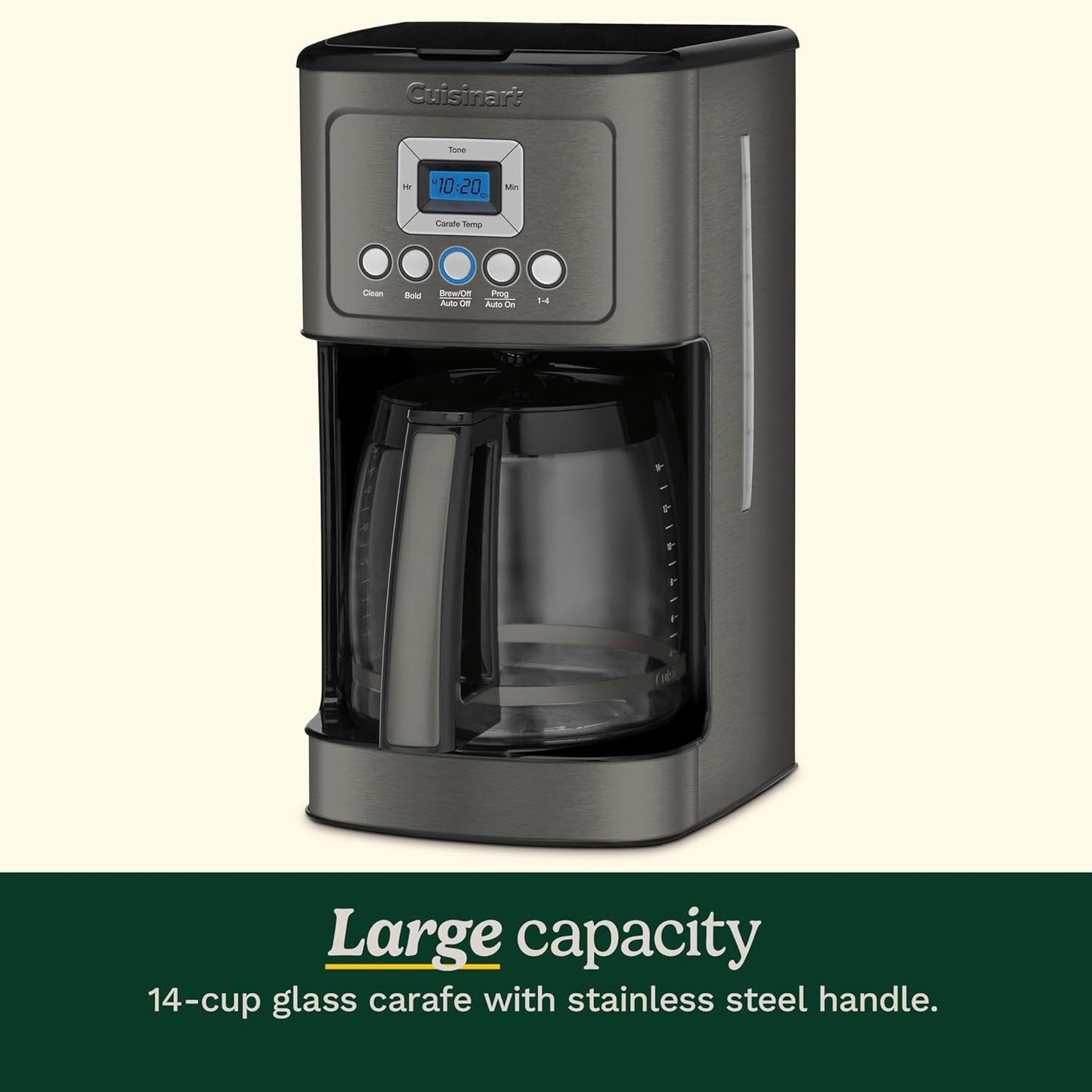 Cafetière programmable 14 tasses, carafe en verre, réglage de l'intensité de l'infusion, réglage de 1 à 4 tasses, acier inoxydable noir