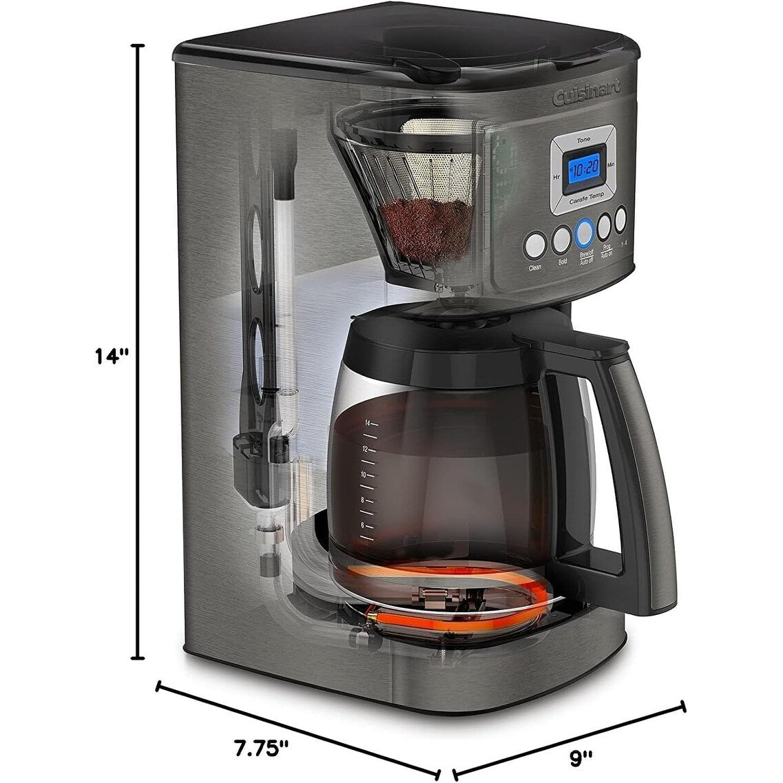 Cafetière programmable 14 tasses, carafe en verre, réglage de l'intensité de l'infusion, réglage de 1 à 4 tasses, acier inoxydable noir