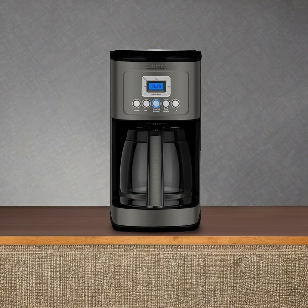 Cafetière programmable 14 tasses, carafe en verre, réglage de l'intensité de l'infusion, réglage de 1 à 4 tasses, acier inoxydable noir