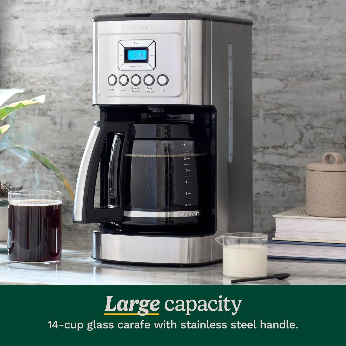Cafetière programmable 14 tasses, carafe en verre, réglage de l'intensité de l'infusion, réglage de 1 à 4 tasses, acier inoxydable
