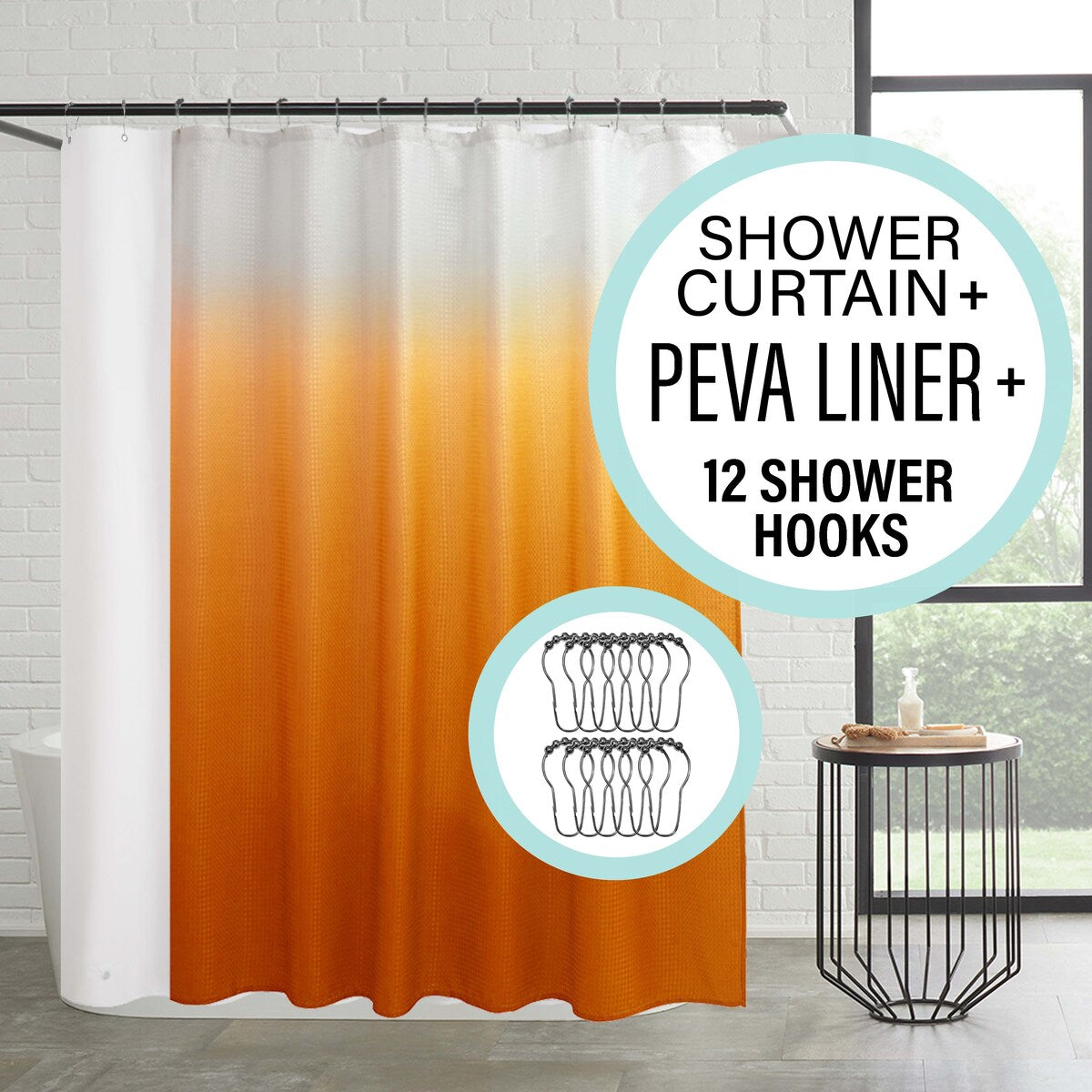 Ensemble de bain/douche 14 pièces : rideau de douche ombré, crochets et doublure PEVA