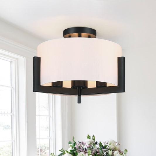 Plafonnier semi-encastré noir mat à 3 lumières de 14 po avec abat-jour tambour - 14 W