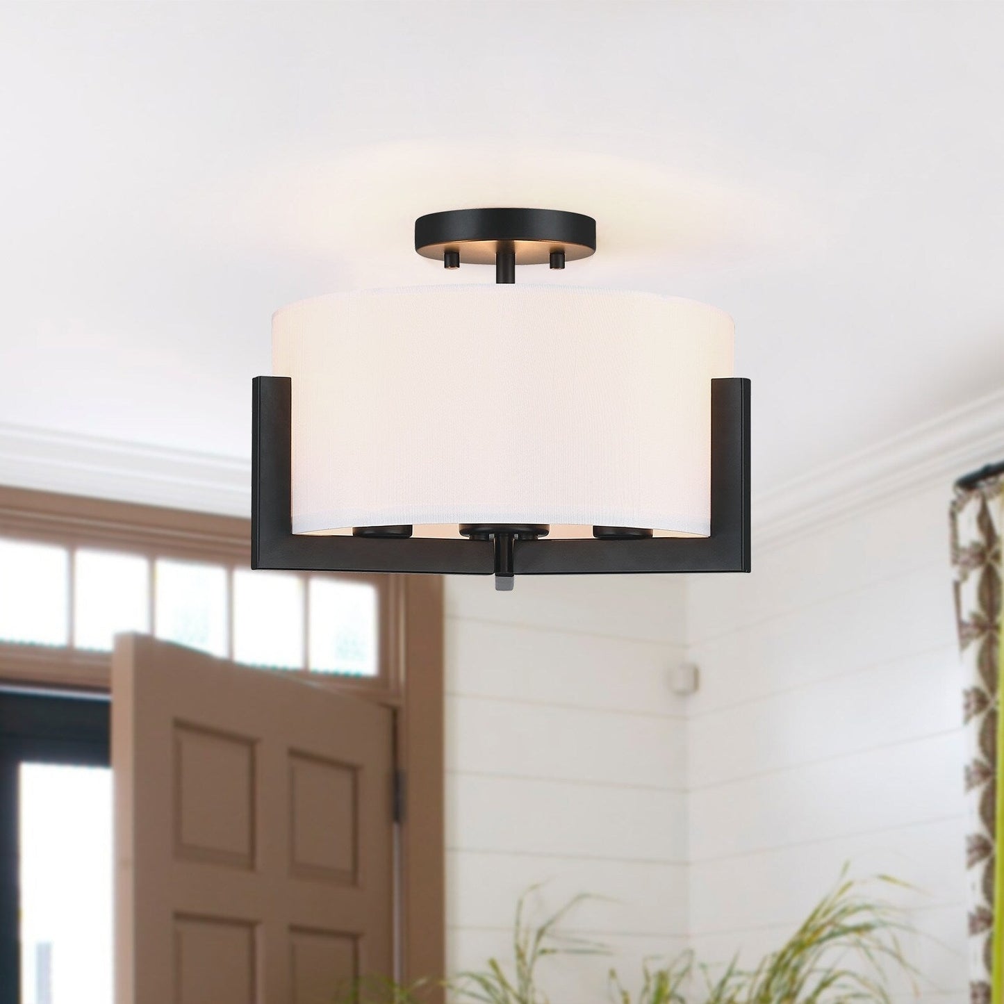 Plafonnier semi-encastré noir mat à 3 lumières de 14 po avec abat-jour tambour - 14 W