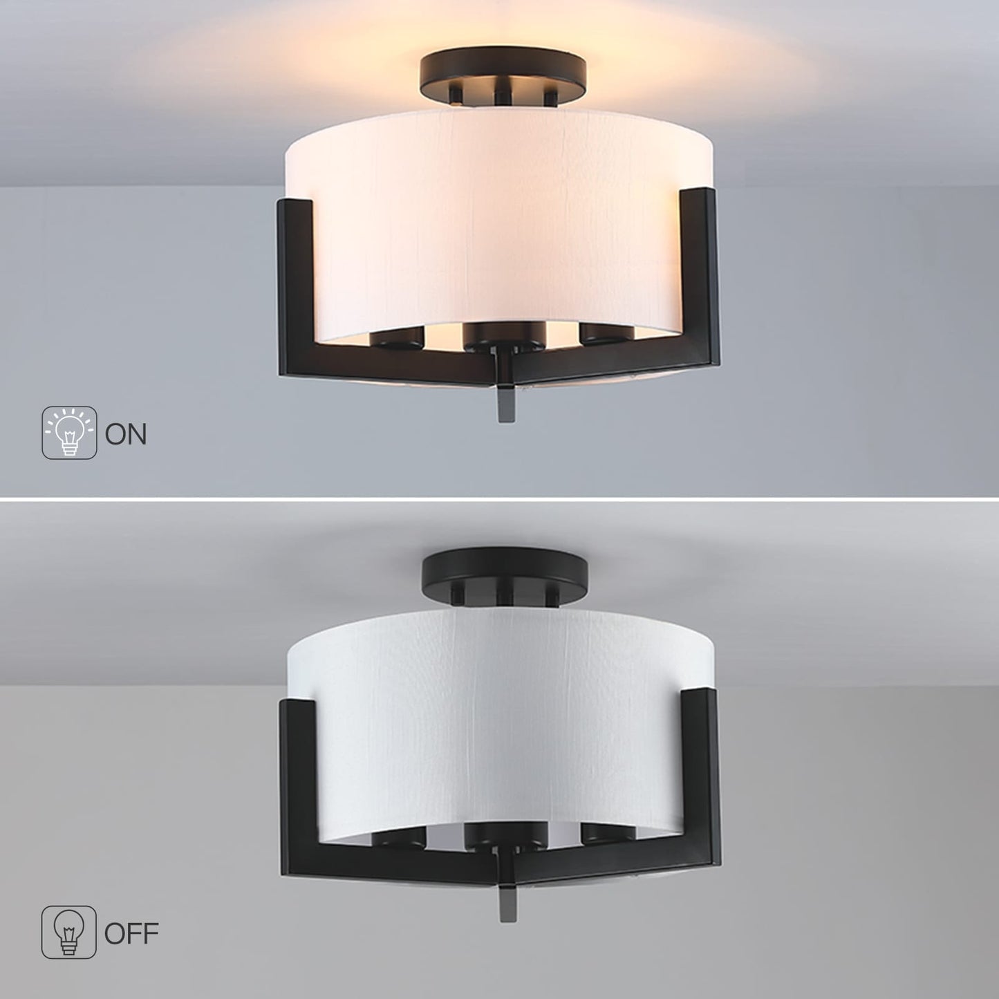 Plafonnier semi-encastré noir mat à 3 lumières de 14 po avec abat-jour tambour - 14 W