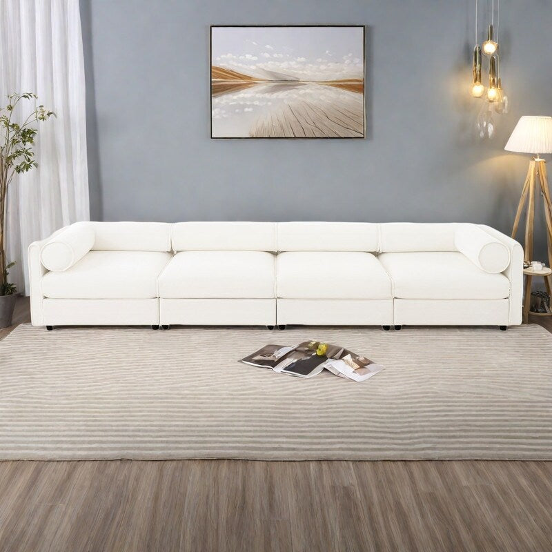 Canapé modulable sectionnel 4 places en chenille 142,5 avec rangement et dossier cylindrique