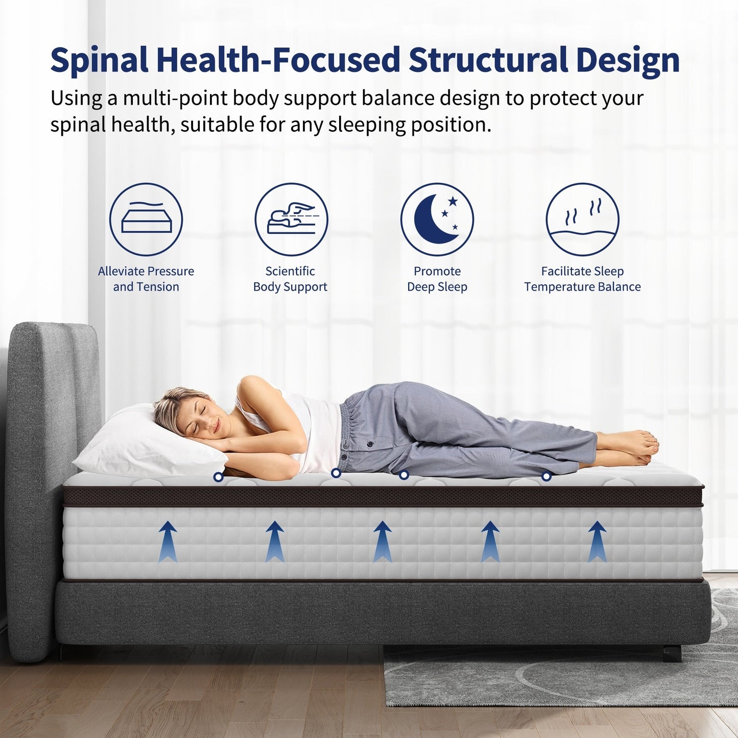 Matelas hybride 14 - Mousse à mémoire de forme en gel de charbon de bambou et ressorts ensachés à 7 zones, fermeté moyenne, essai de 100 nuits