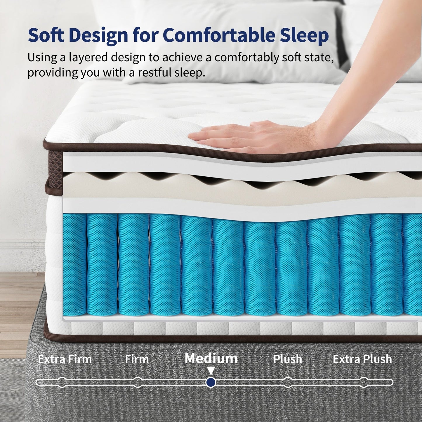 Matelas hybride 14 - Mousse à mémoire de forme en gel de charbon de bambou et ressorts ensachés à 7 zones, fermeté moyenne, essai de 100 nuits