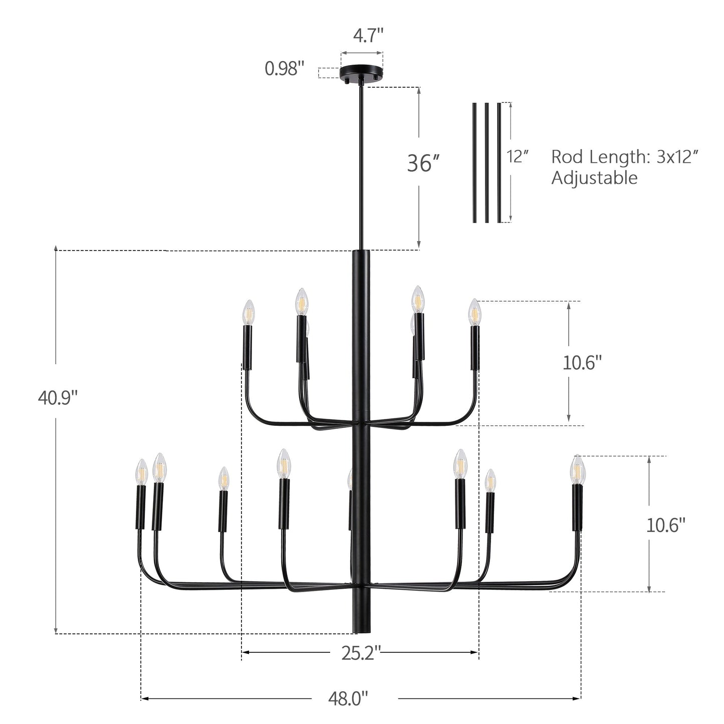 Lustre chandelier minimaliste à 15 lumières, 2 niveaux, design ancien - 48