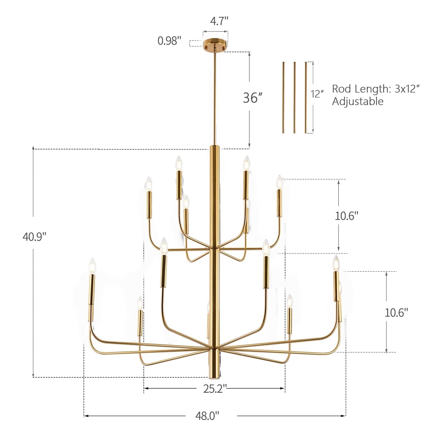 Lustre chandelier minimaliste à 15 lumières, 2 niveaux, design ancien - 48