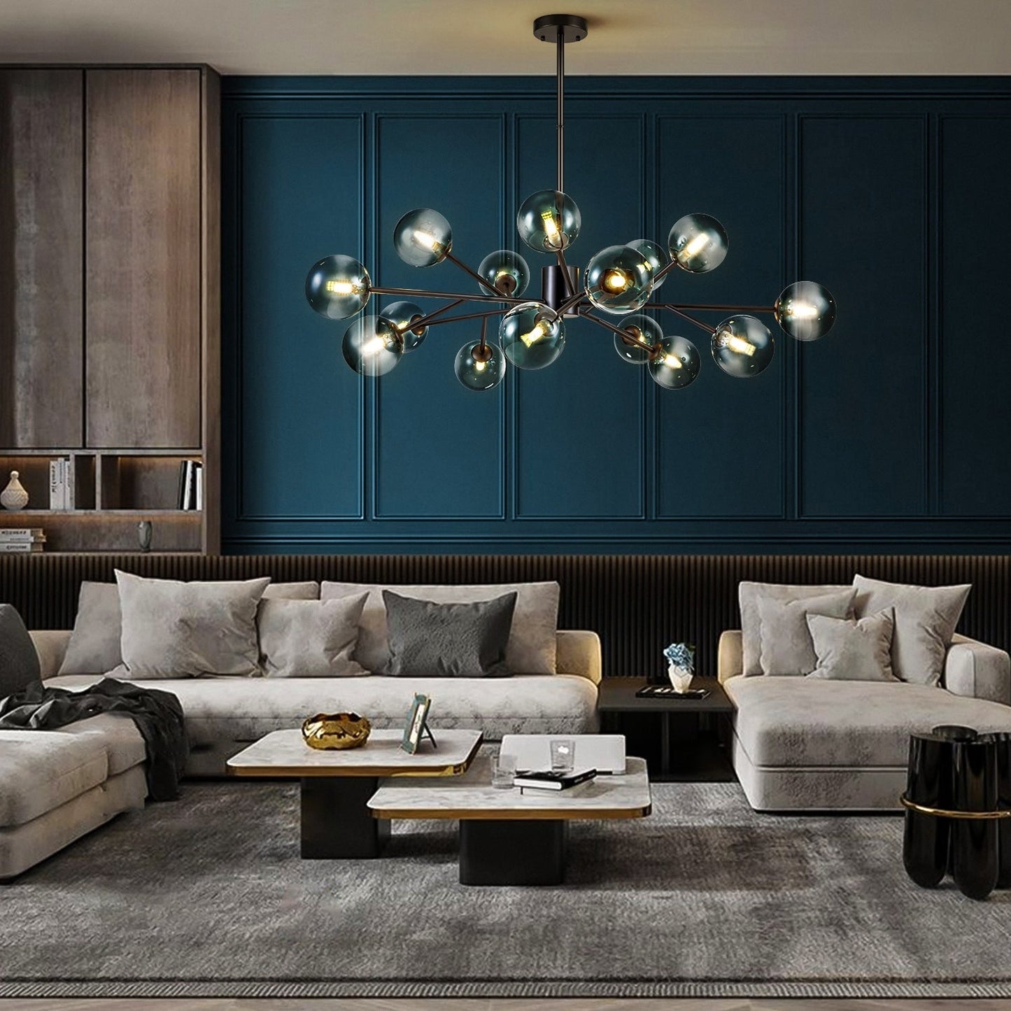 Lustre linéaire moderne à 15 lumières pour îlot de cuisine Sputnik, composé de branches et de bulles en verre