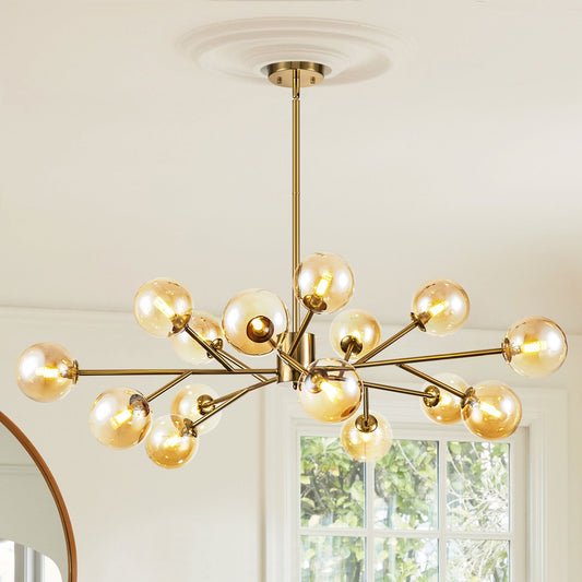 Lustre linéaire moderne à 15 lumières pour îlot de cuisine Sputnik, composé de branches et de bulles en verre