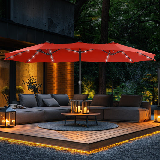 Parasol de marché extérieur rectangulaire à manivelle double face de 15 pieds, parasol de patio éclairé par LED solaire avec base incluse