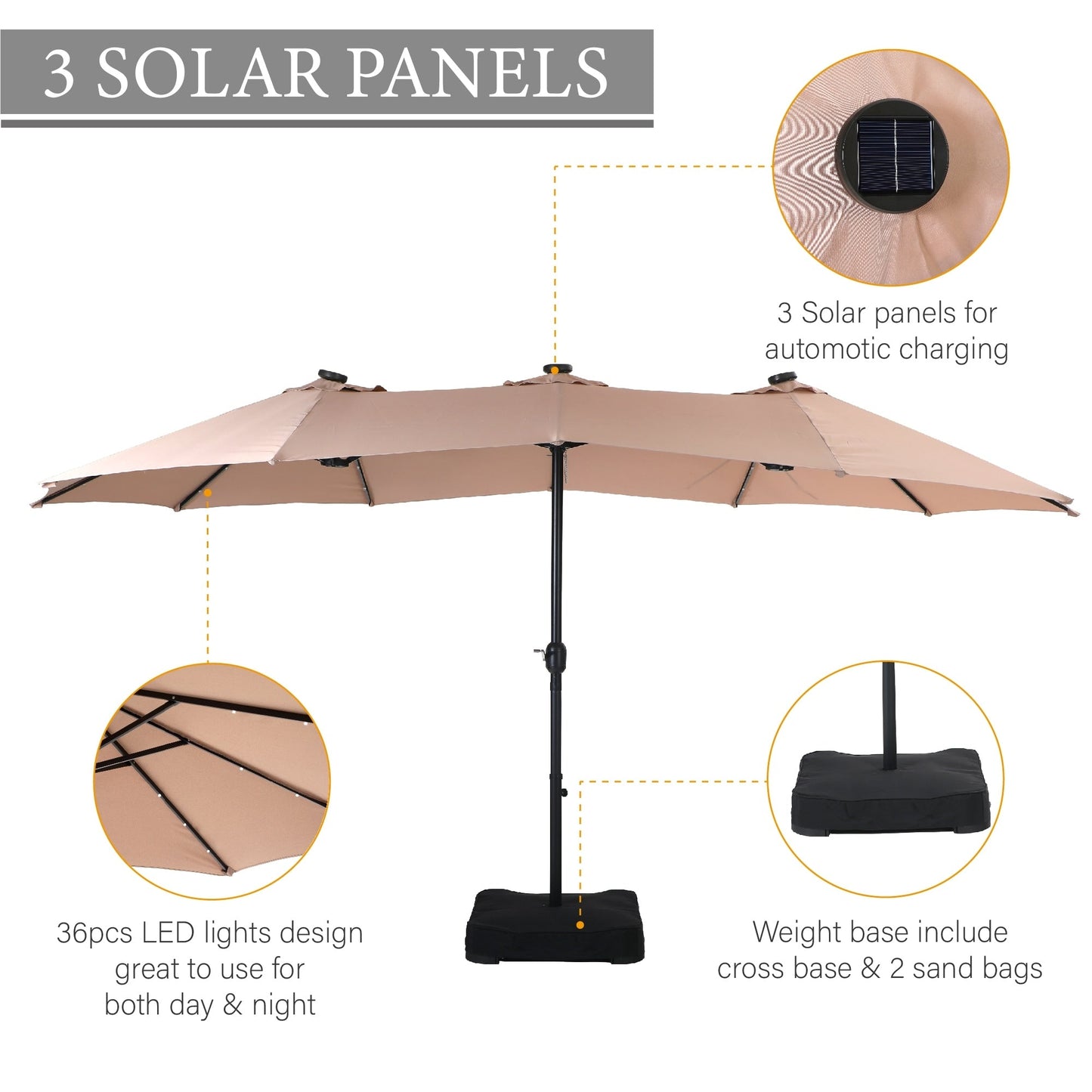 Parasol de marché extérieur rectangulaire à manivelle double face de 15 pieds, parasol de patio éclairé par LED solaire avec base incluse