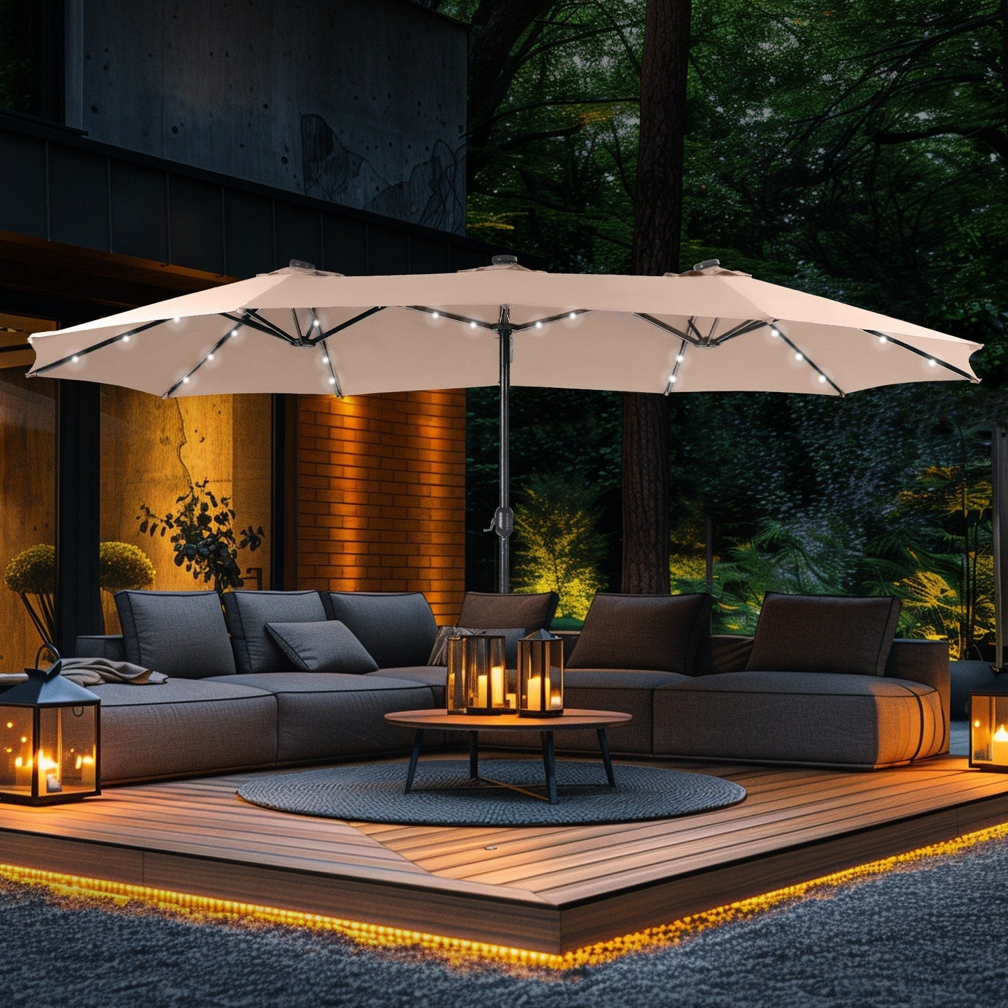 Parasol de marché extérieur rectangulaire à manivelle double face de 15 pieds, parasol de patio éclairé par LED solaire avec base incluse