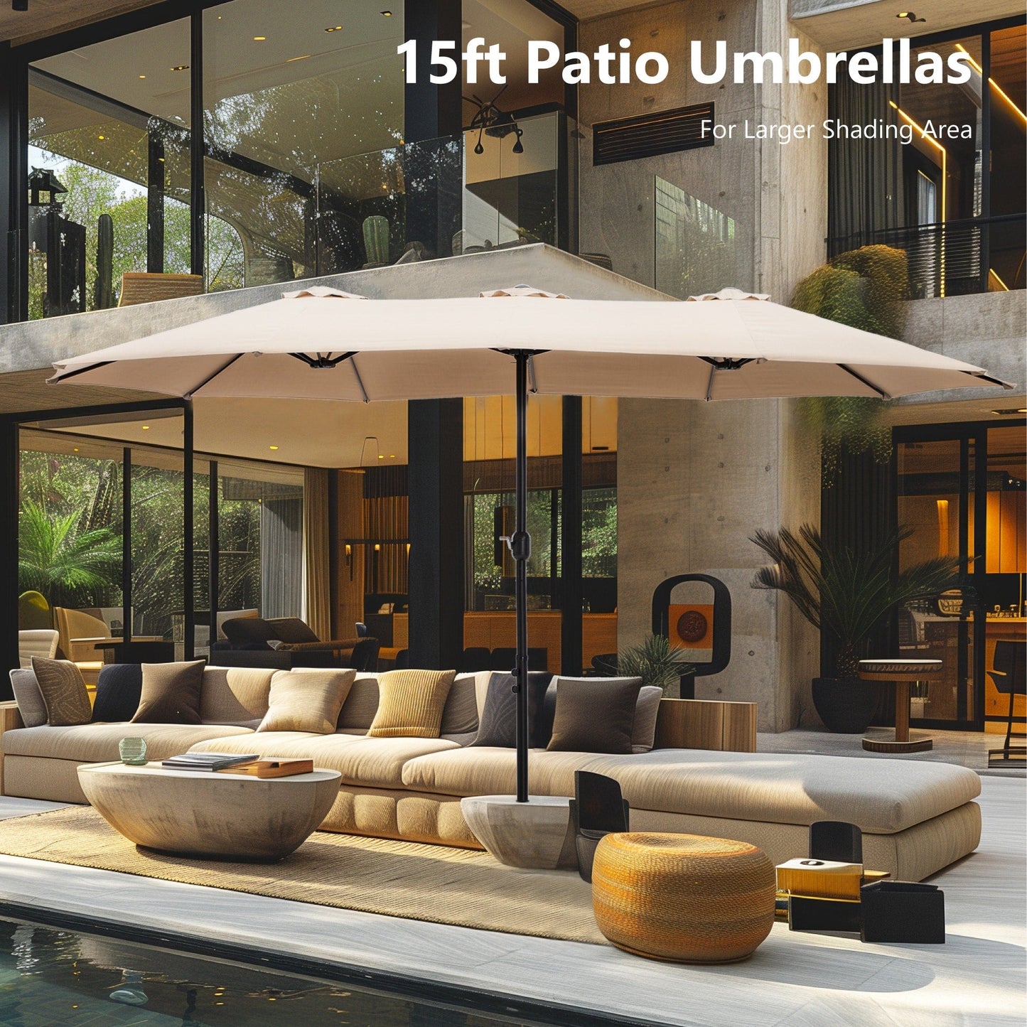 Parasol de marché extérieur rectangulaire à manivelle double face de 15 pieds, parasol de patio éclairé par LED solaire avec base incluse