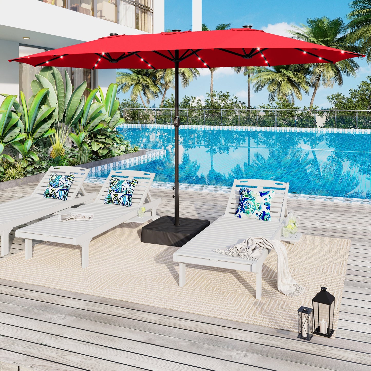 Parasol de marché extérieur rectangulaire à manivelle double face de 15 pieds, parasol de patio éclairé par LED solaire avec base incluse