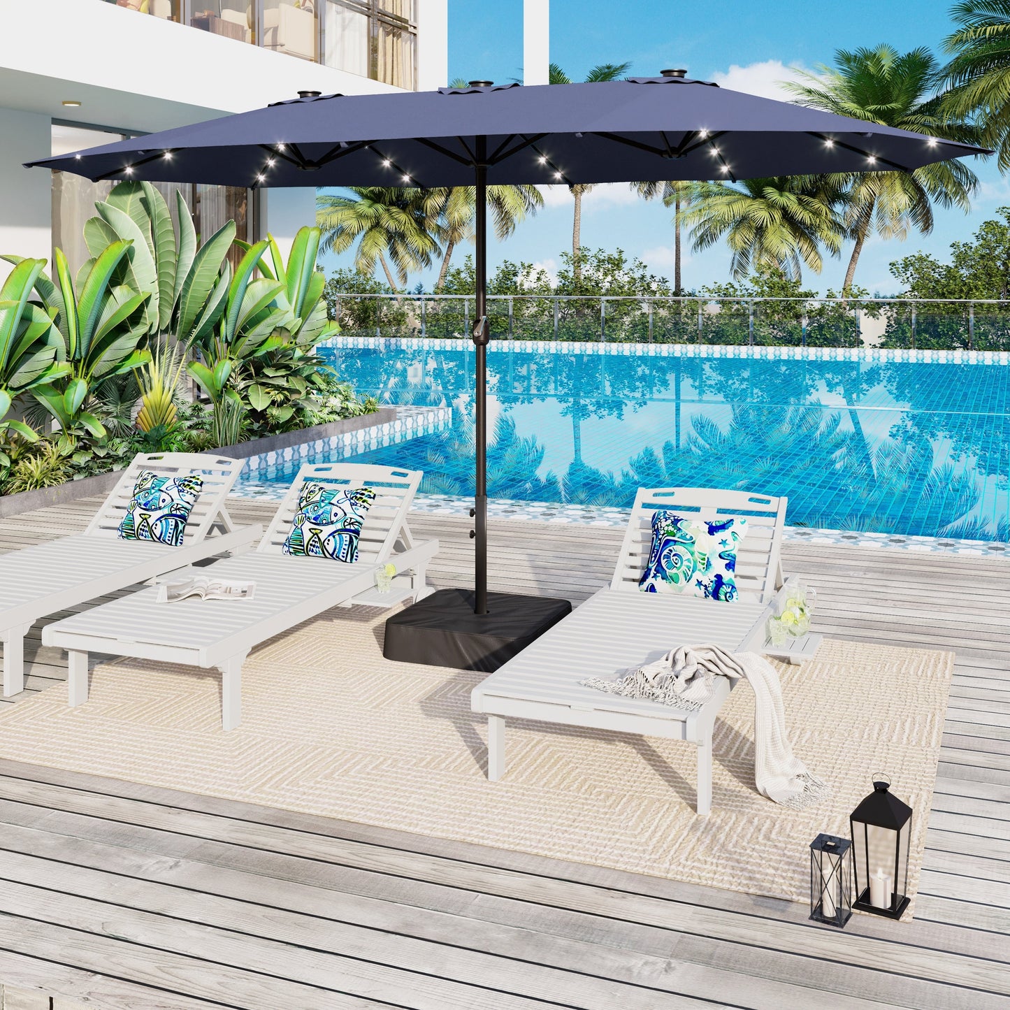Parasol de marché extérieur rectangulaire à manivelle double face de 15 pieds, parasol de patio éclairé par LED solaire avec base incluse