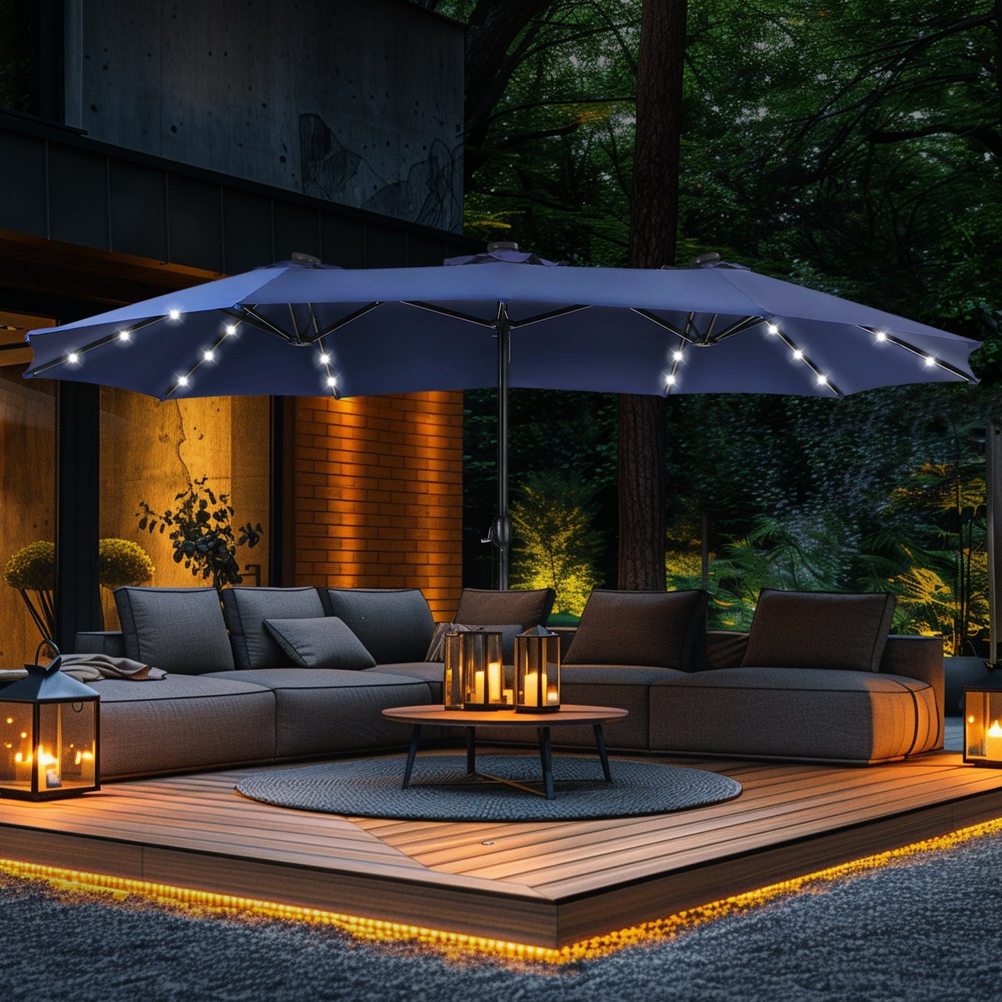 Parasol de marché extérieur rectangulaire à manivelle double face de 15 pieds, parasol de patio éclairé par LED solaire avec base incluse
