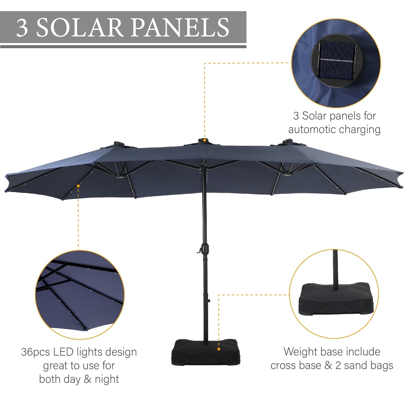 Parasol de marché extérieur rectangulaire à manivelle double face de 15 pieds, parasol de patio éclairé par LED solaire avec base incluse