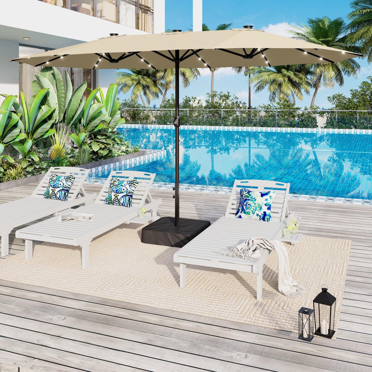 Parasol de marché extérieur rectangulaire à manivelle double face de 15 pieds, parasol de patio éclairé par LED solaire avec base incluse