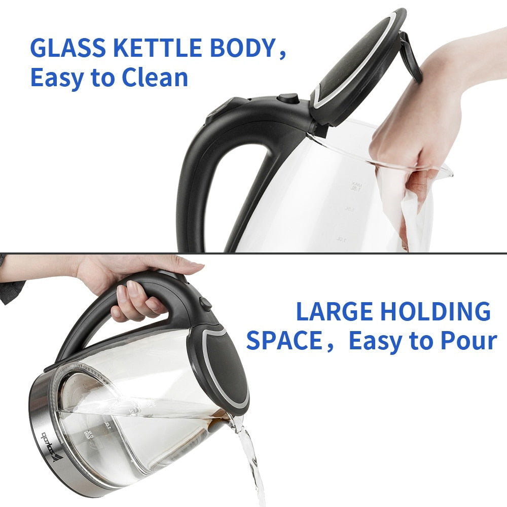 Bouilloire électrique en verre 1500 W 1,8 L avec arrêt automatique et couvercle et fond en acier inoxydable