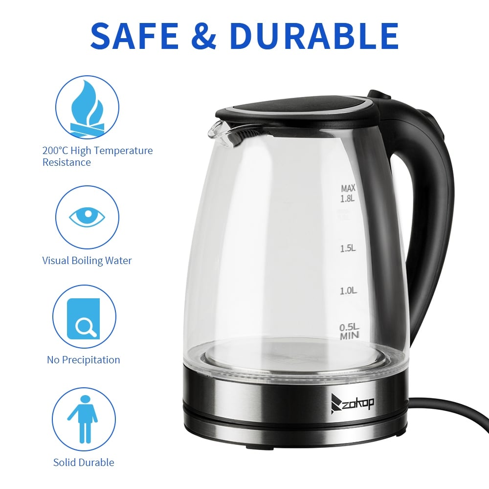 Bouilloire électrique en verre 1500 W 1,8 L avec arrêt automatique et couvercle et fond en acier inoxydable