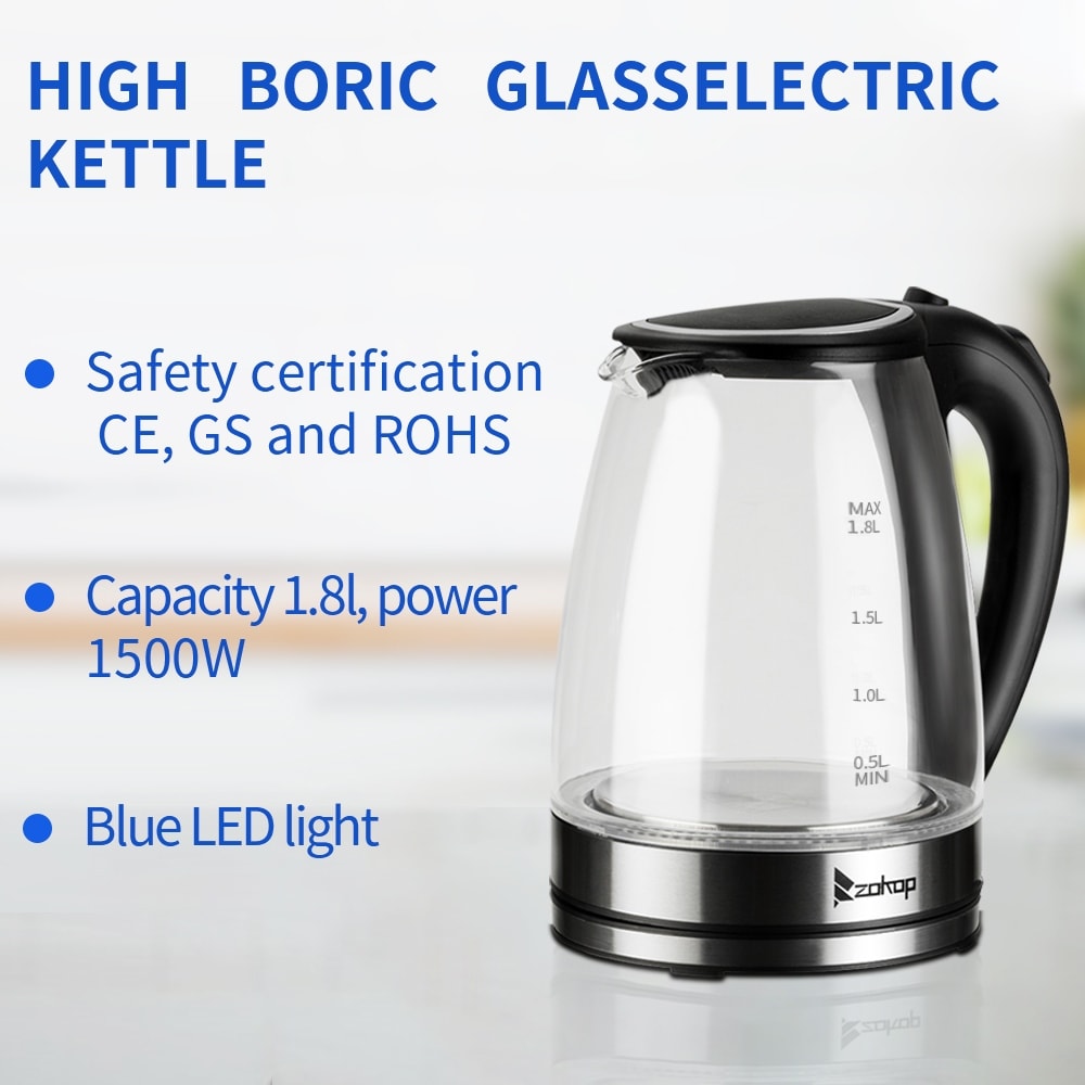 Bouilloire électrique en verre 1500 W 1,8 L avec arrêt automatique et couvercle et fond en acier inoxydable