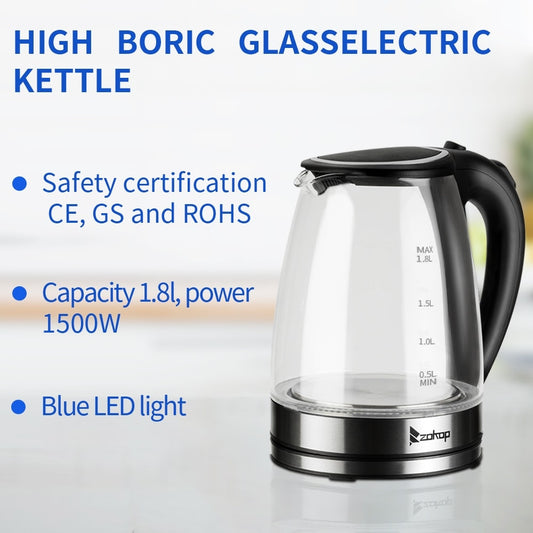 Bouilloire électrique en verre 1500 W 1,8 L avec arrêt automatique et couvercle et fond en acier inoxydable