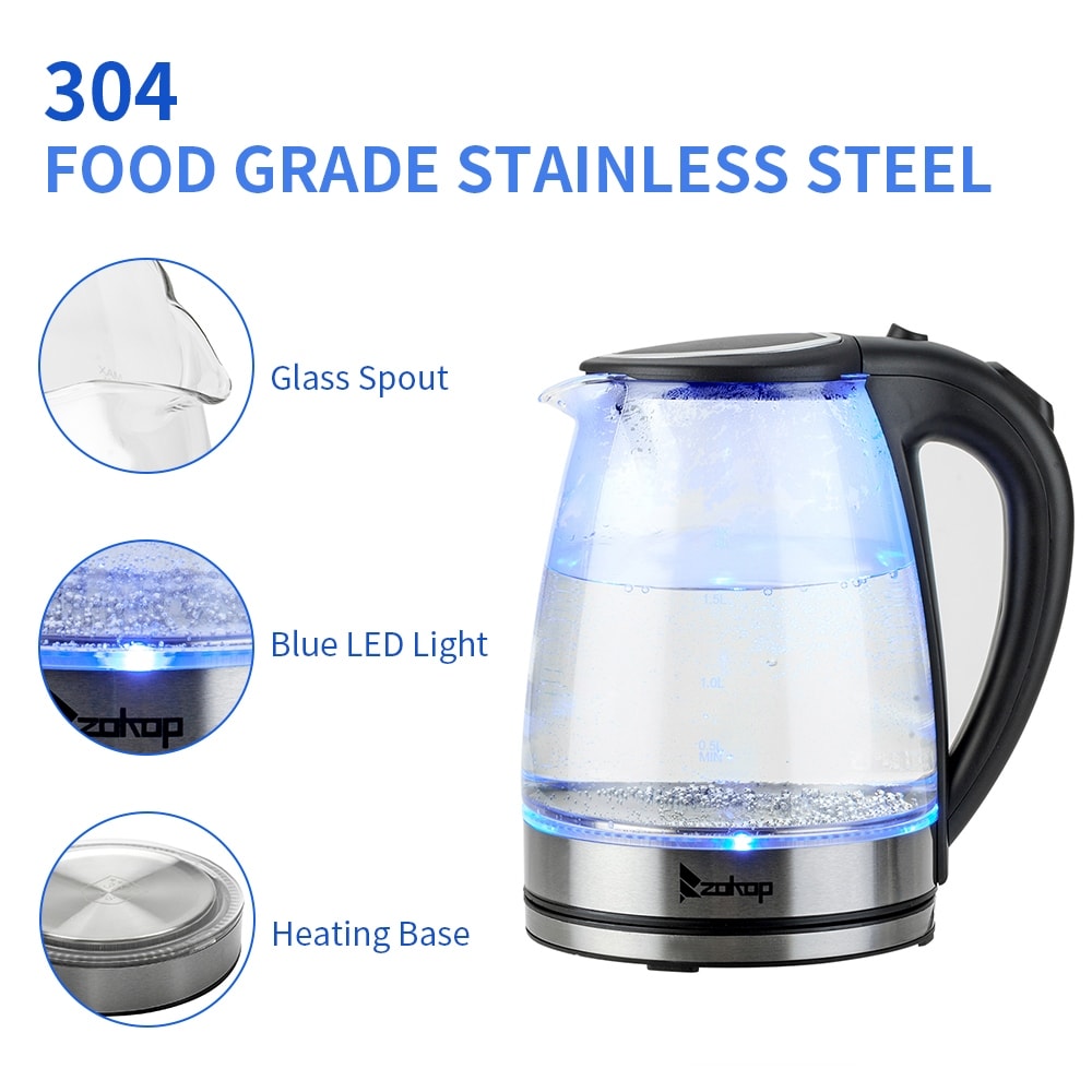 Bouilloire électrique en verre 1500 W 1,8 L avec arrêt automatique et couvercle et fond en acier inoxydable