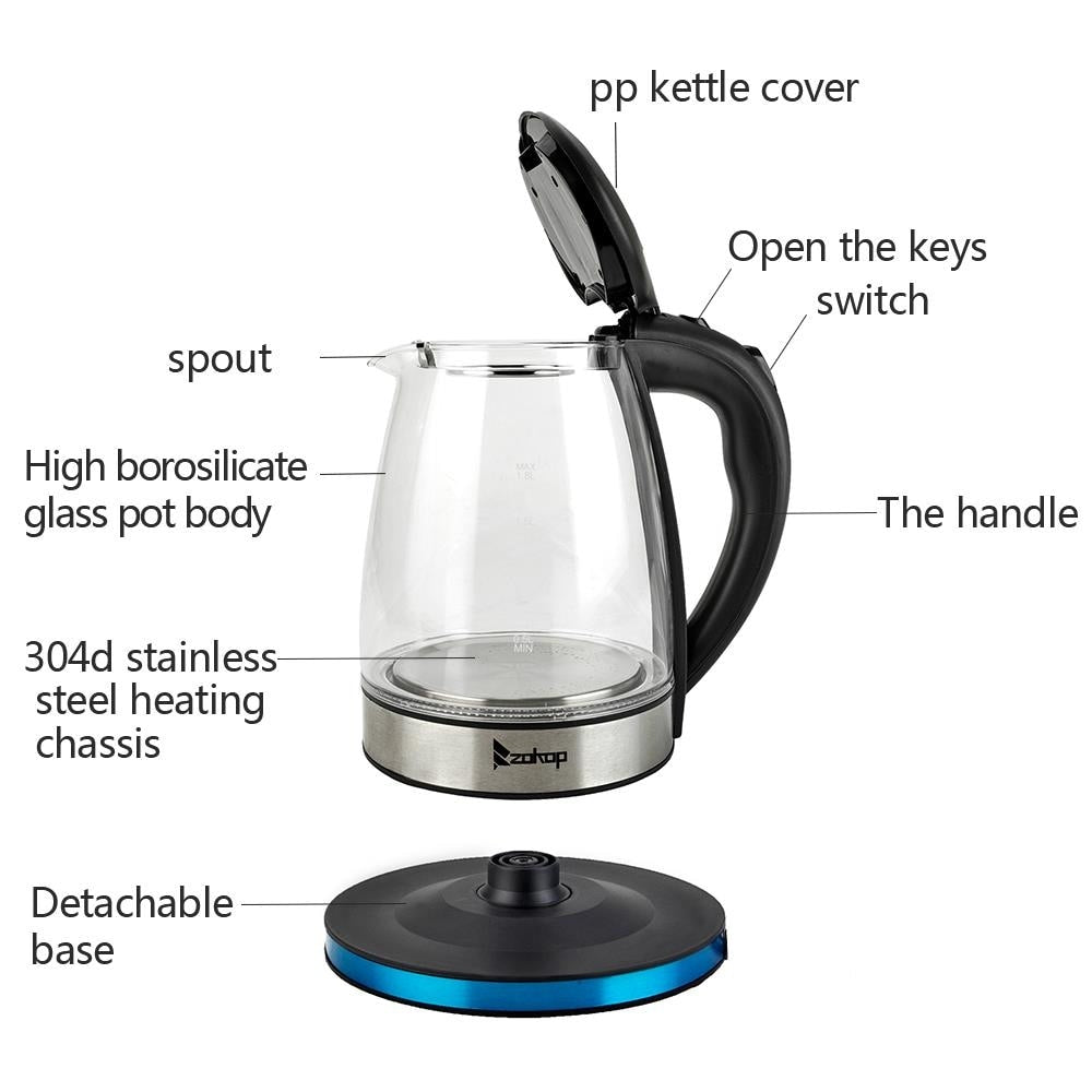 Bouilloire électrique 1500 W 1,8 L, chauffe-eau, théière en verre, cafetière, arrêt automatique