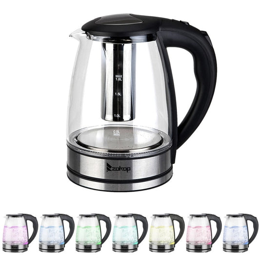 Bouilloire électrique 1500 W 1,8 L, chauffe-eau, théière en verre, cafetière, arrêt automatique