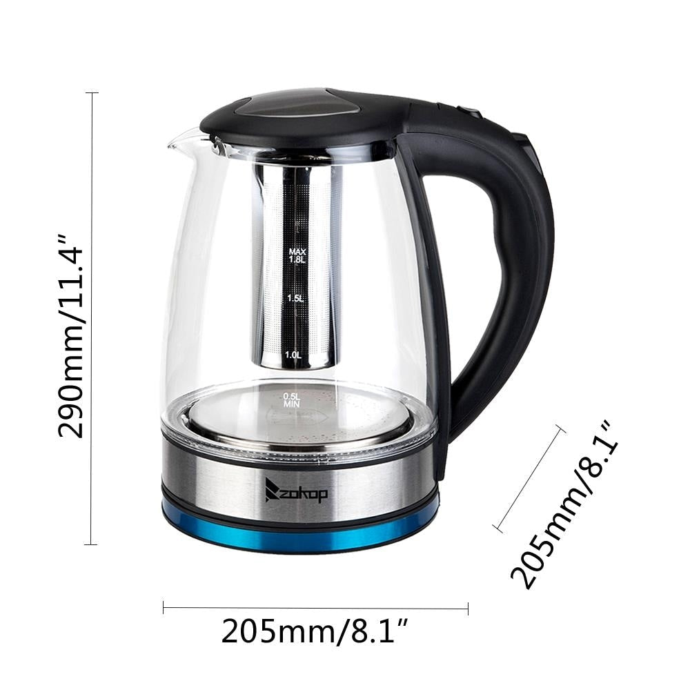 Bouilloire électrique 1500 W 1,8 L, chauffe-eau, théière en verre, cafetière, arrêt automatique
