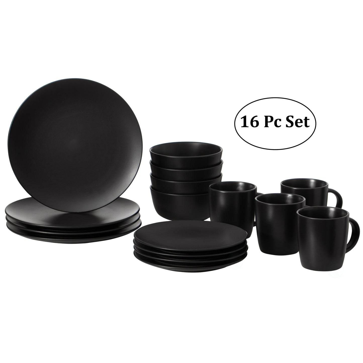 Service de table 16 pièces pour 4 personnes | Tasses, assiettes à salade, bols et saladiers, résistant aux éclats et aux fissures, noir mat